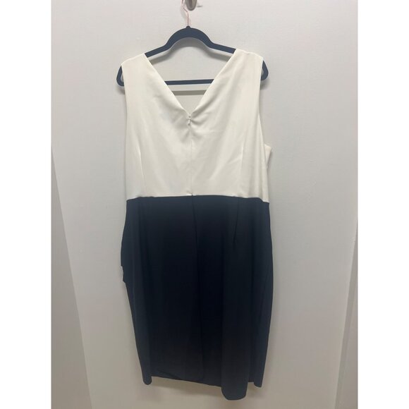 Plus Size Black & White Sleeveless Draped Dress With Beaded Detail Elegant Midi - Picture 4 of 9